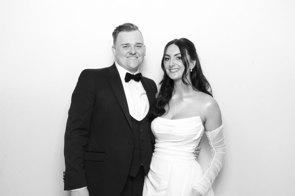 Bride and groom in black and white Photo Booth at Middleton Lodge Wedding